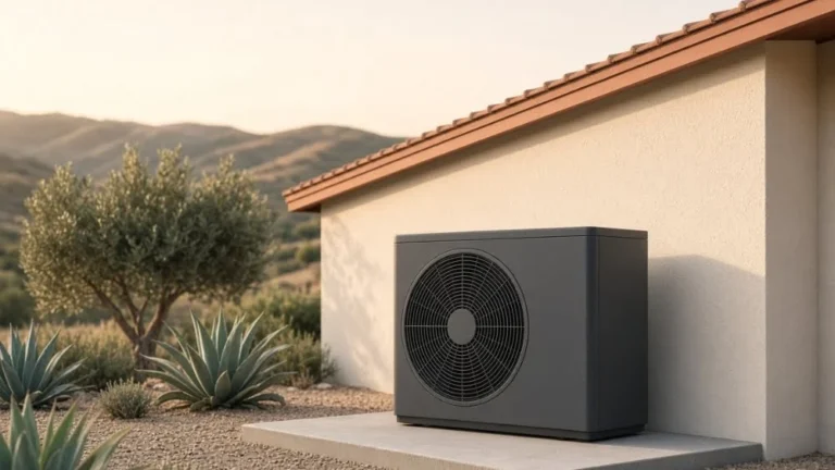 Charcoal heat pump on a Southern California ranch home, typical of HEEHRA rebates California and the High-Efficiency Electric Home Rebate Act.
