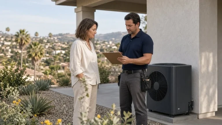 Homeowner and HVAC technician review a heat pump install after checking HEEHRA rebate status 2026 in Southern California.
