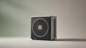 Unbranded charcoal heat pump in a quiet studio setting, used to explain HEEHRA rebate status 2026 and whether HEEHRA is still available in California.
