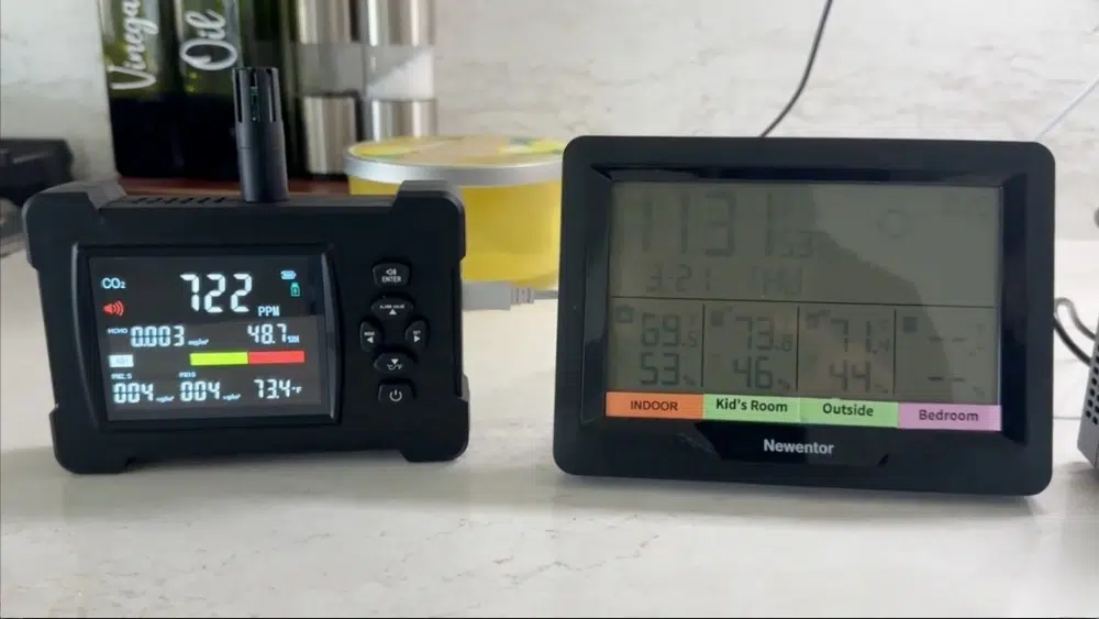 Multi-zone air quality monitoring system showing temperature and humidity readings for different rooms during home air quality test in Santa Clarita.
