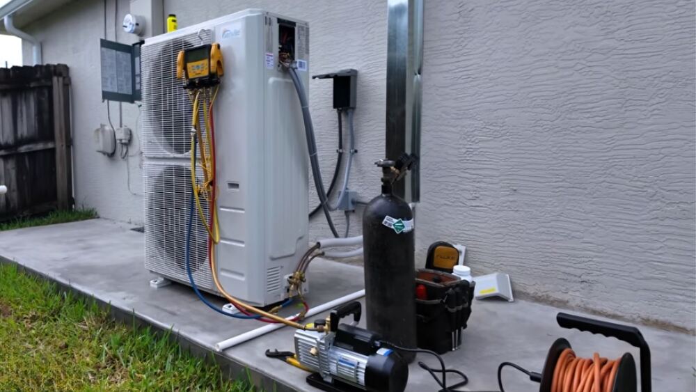 Affordable Heating and Air technician performing ductless AC repair on a mini-split system with service tools in Santa Clarita, CA