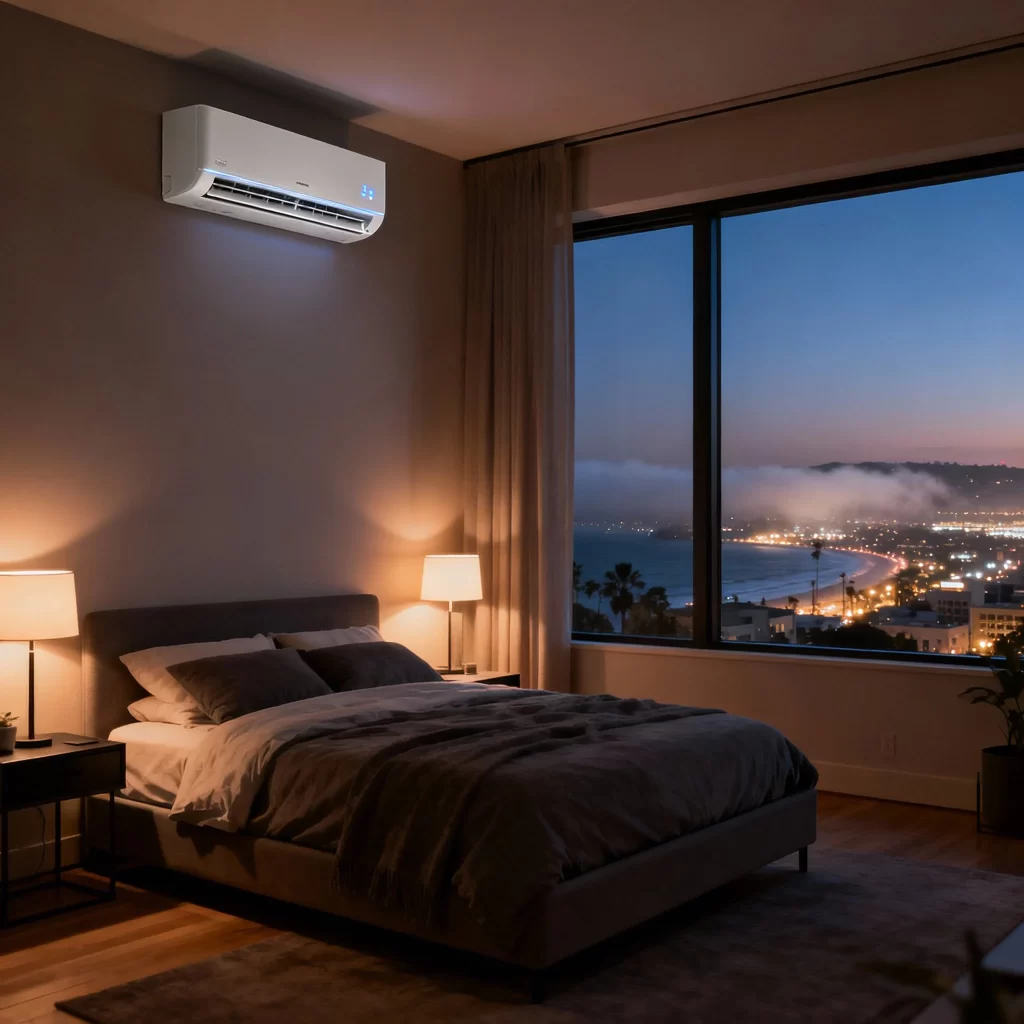 LA bedroom with ductless AC mini-split system providing personalized zoned cooling.