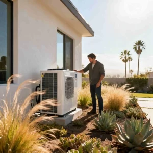 Technician inspecting a modern heat pump outside a home with desert landscaping in Los Angeles County, highlighting professional heat pump repair service and home heating system repair.