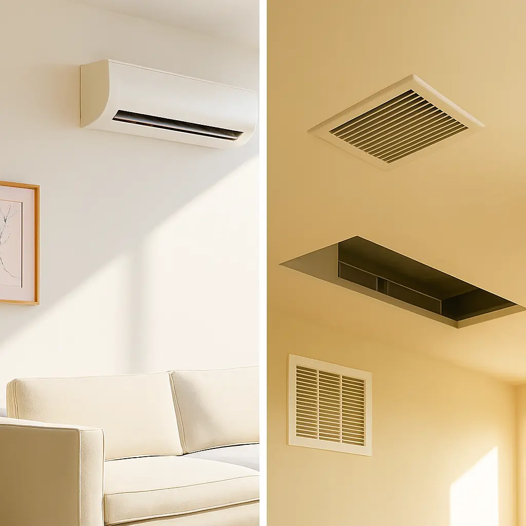 Interior comparison of a modern ductless mini split unit above a sofa and ceiling vents for central air in an LA apartment, showcasing the best AC for apartments.