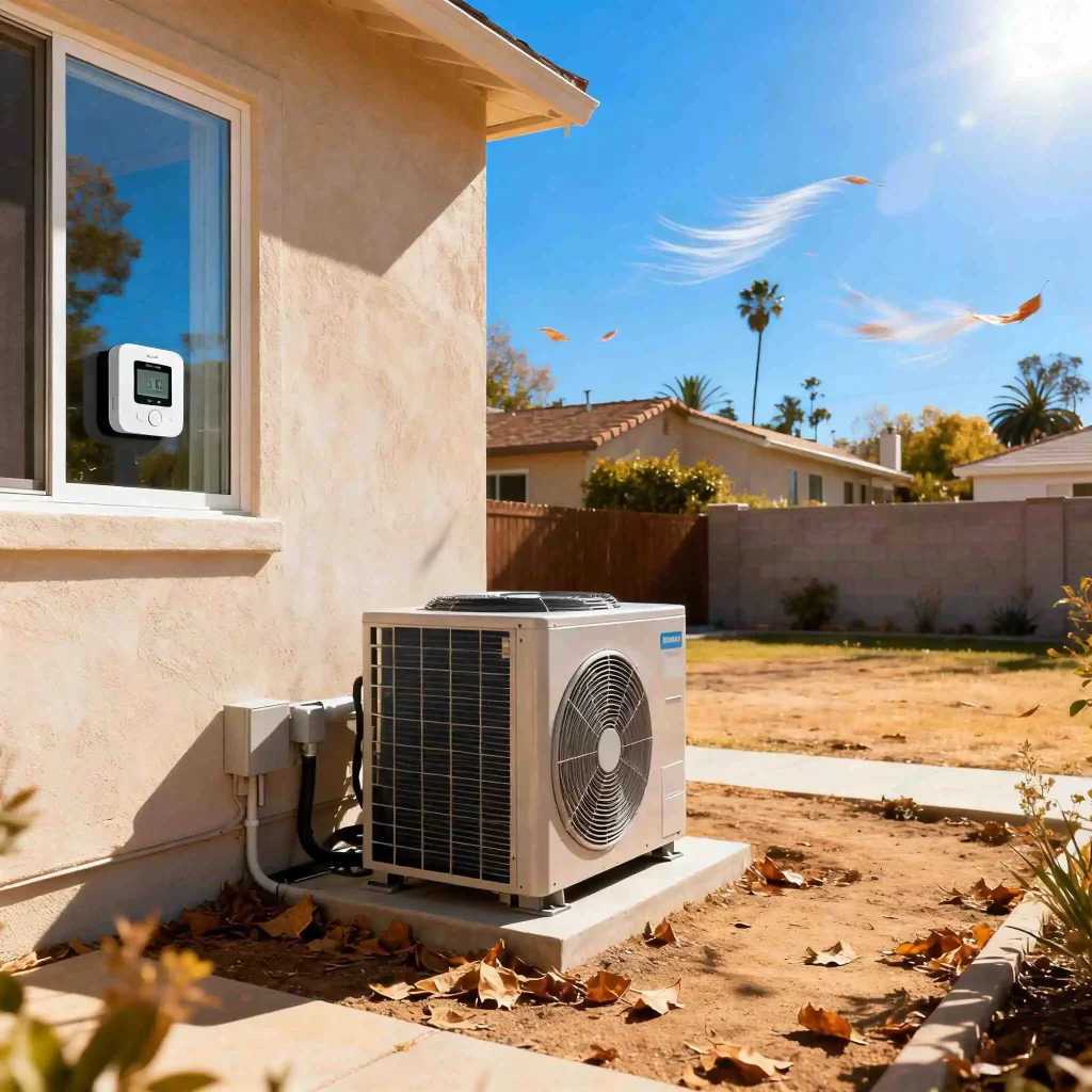 Outdoor heat pump unit installed on a Los Angeles home with sunny weather and fallen leaves, demonstrating energy-saving setup.