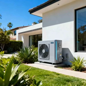 A modern heat pump unit outside a Los Angeles home surrounded by greenery, often cited in discussions about the ‘heat pump myth.’