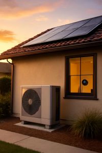 Energy-efficient air conditioner outside a Los Angeles County home, illustrating improved HVAC efficiency and energy savings at sunset.
