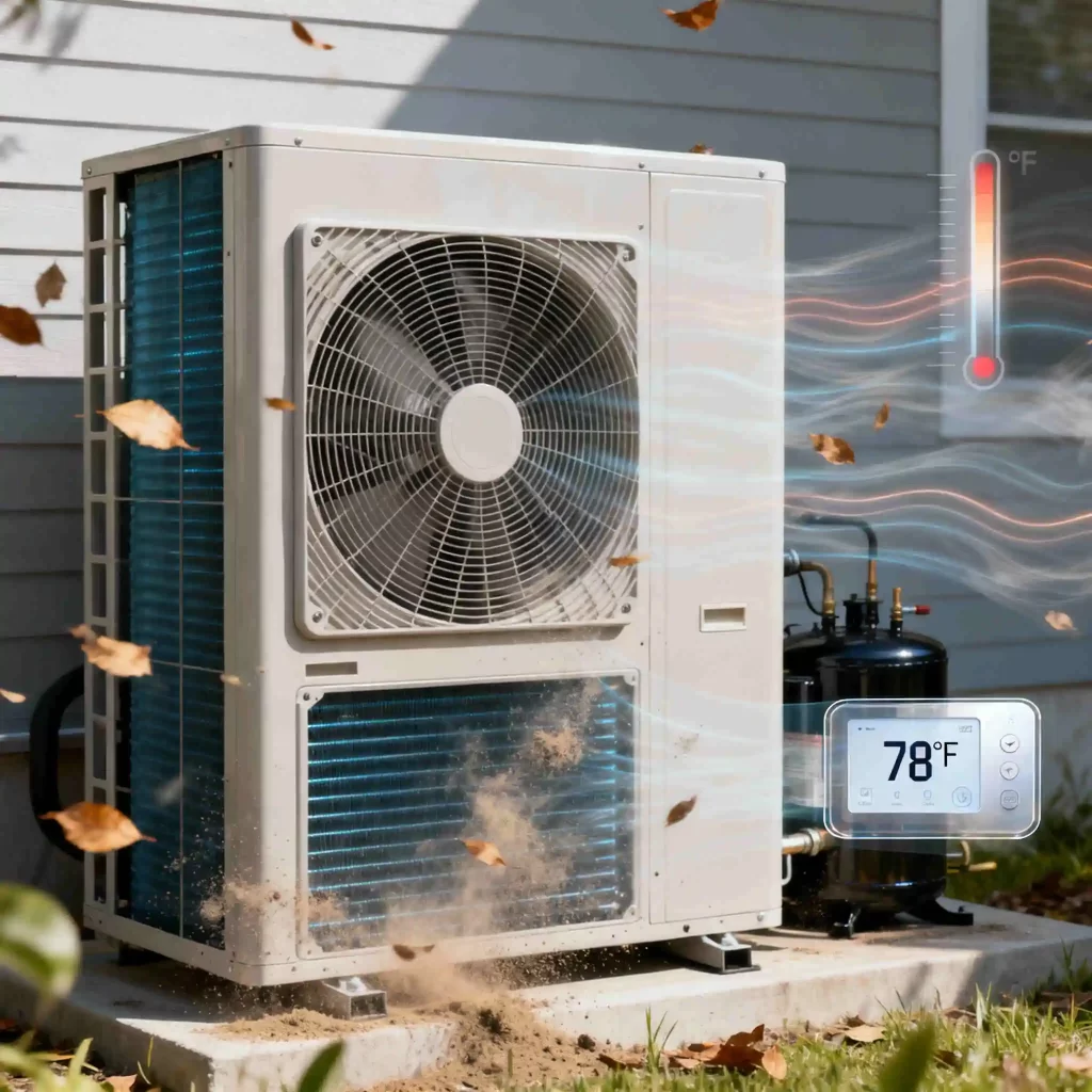 Close-up of a heat pump in Los Angeles yard with visible airflow, thermostat at 78°F, and leaves blowing, highlighting routine operation and energy performance.