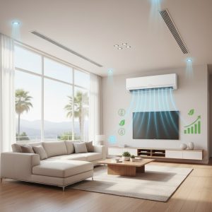 Modern living room with energy-efficient HVAC system, highlighting air flow, repair or replace decision, and eco-friendly heating and air solution in Los Angeles County, CA.
