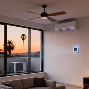 Modern living room in Los Angeles with a split heat pump system, glowing smart thermostat, and outdoor condenser unit seen through the window at sunset.