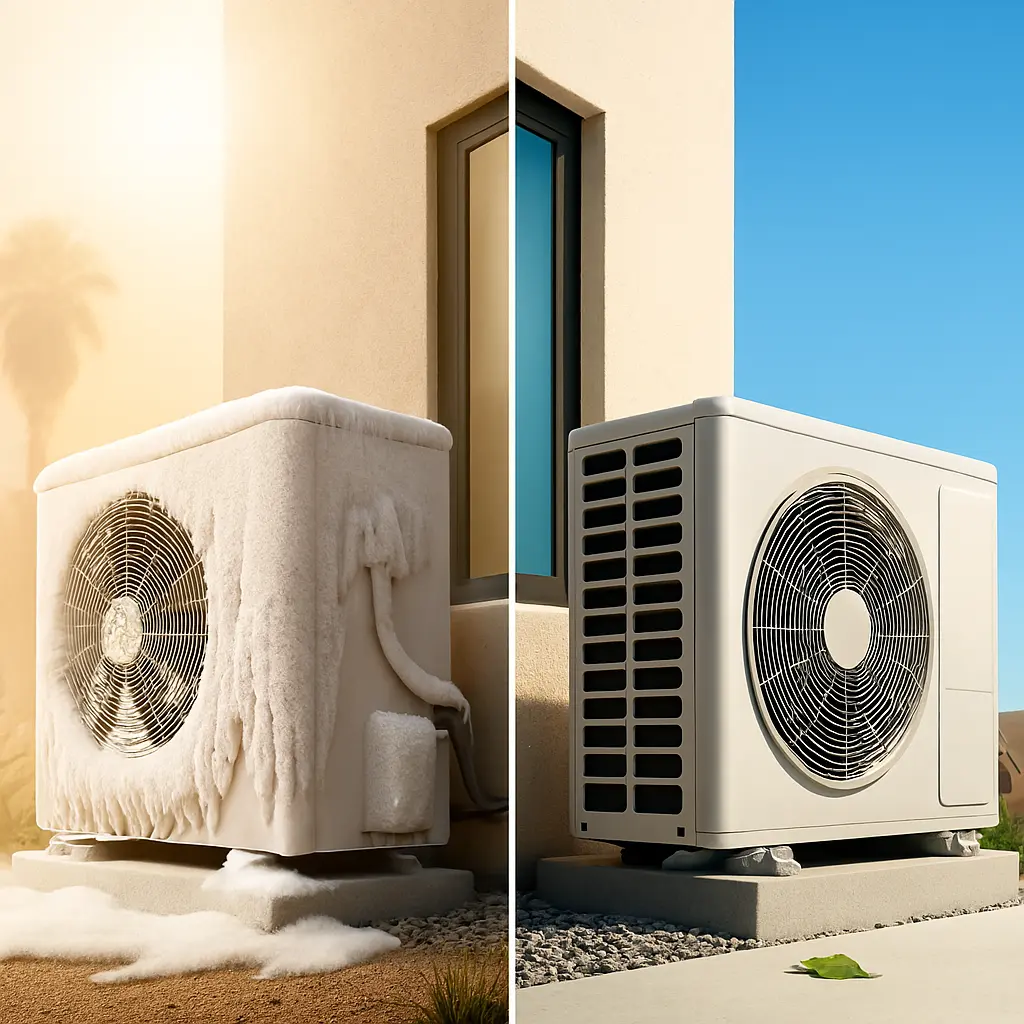 Split view of a frozen heat pump beside a clean unit, illustrating affordable heat pump repair steps in Los Angeles County.