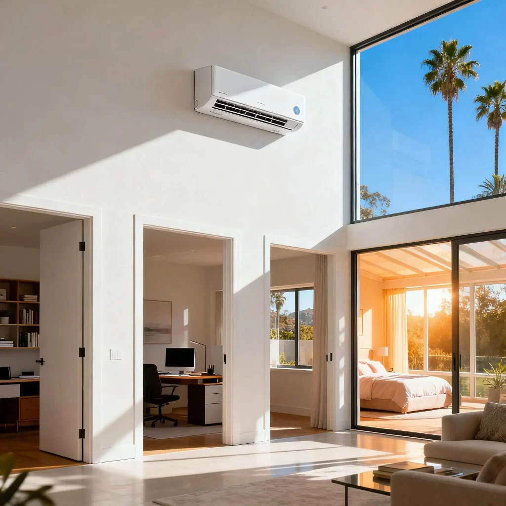 Sunlit LA living room using a mini split for effective zoned cooling.