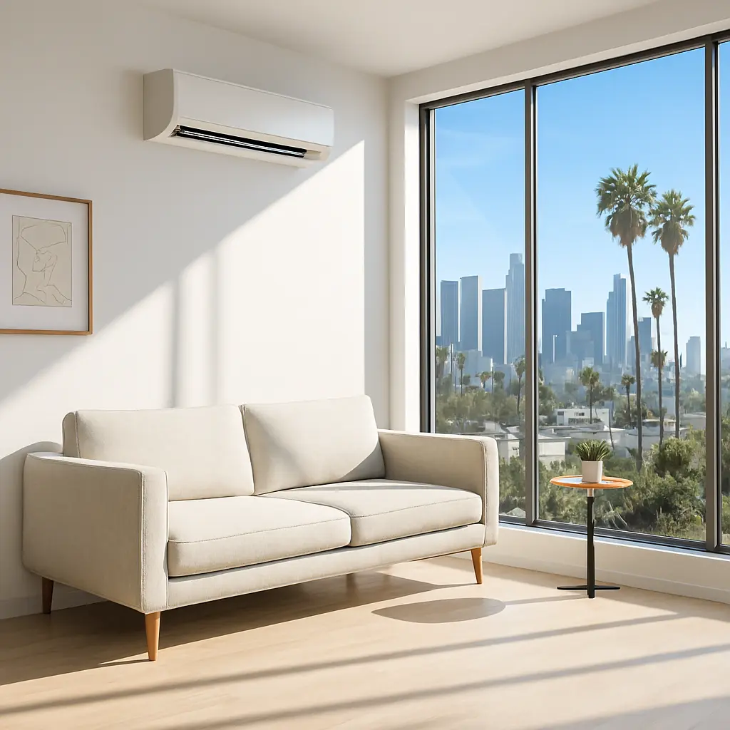 Modern LA apartment living room with a wall-mounted mini split unit above a minimalist sofa, large window, and view of the Los Angeles skyline with palm trees; ideal AC unit for house or apartment.
