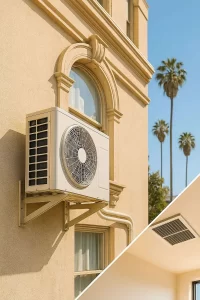 Ductless mini split AC unit installed on the exterior of a historic Los Angeles apartment building with palm trees and blue sky, illustrating the mini split vs central AC debate.