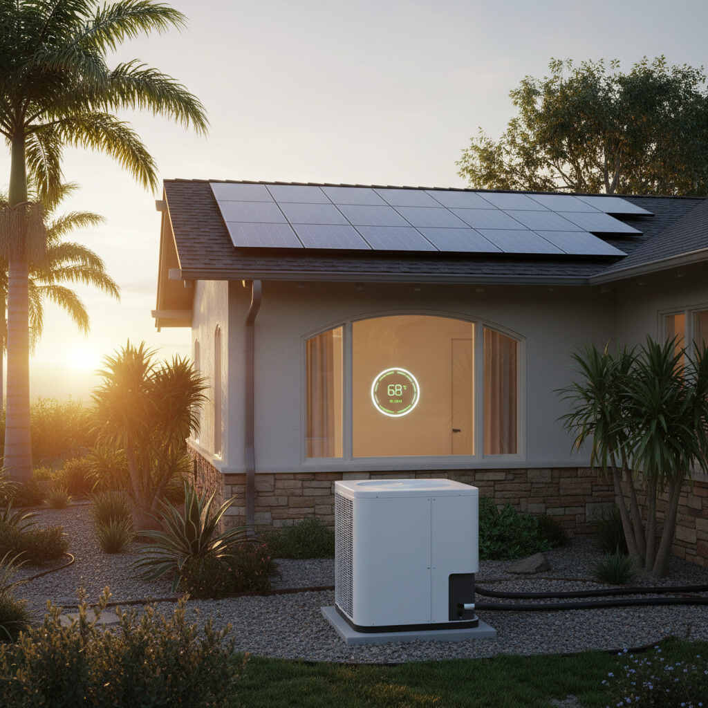 Energy-efficient HVAC system installed outside a Los Angeles County home with solar panels, optimizing HVAC efficiency and reducing energy costs.