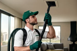 HVAC technician performing professional air duct cleaning inside a residential home in Los Angeles using specialized vacuum equipment.