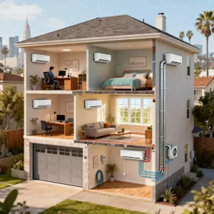 Los Angeles home office with mini-split ductless AC unit for zoned cooling and energy efficiency.