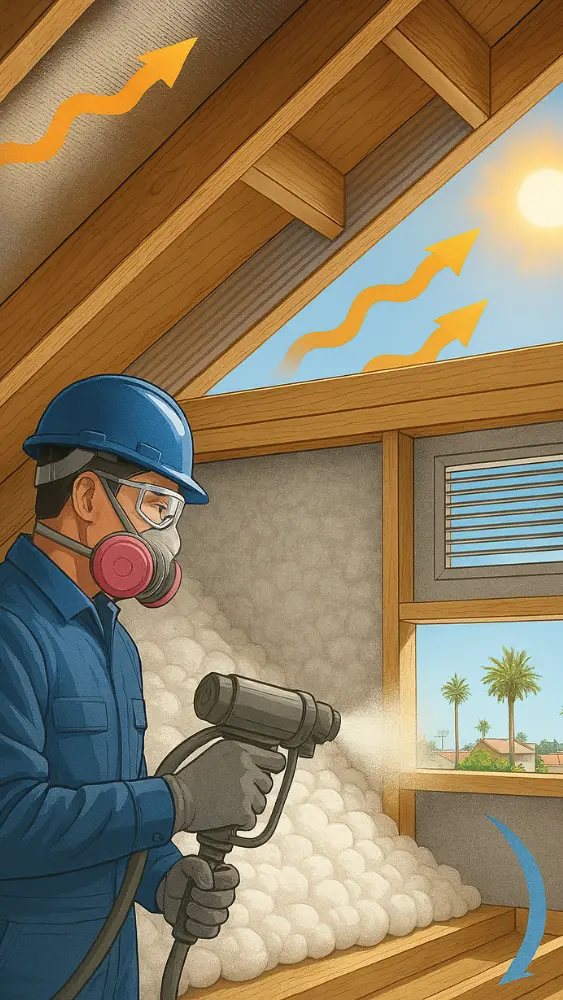 Technician installing blown-in attic insulation in a sunny California attic, a proven summer cooling tip to maximize attic insulation savings and reduce energy bills.