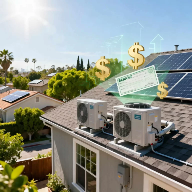 Modern Los Angeles suburban home featuring Energy Star HVAC heat pump units on roof with solar panels and rebate check graphics symbolizing HVAC rebates and insulation incentives.