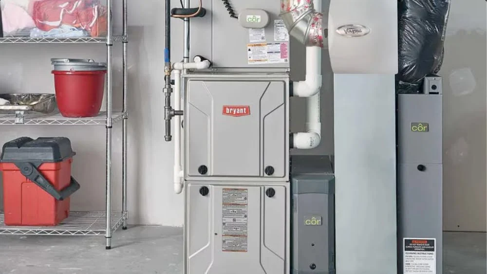 Technician‑maintained Bryant gas furnace with humidifier and clean duct connections during HVAC service in Agoura Hills, CA​.