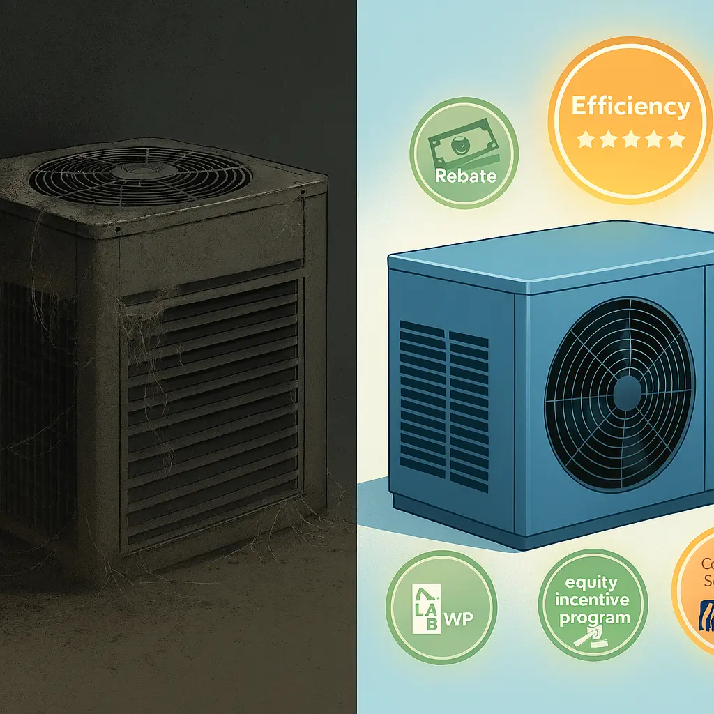 Split-screen comparison of old inefficient HVAC system versus new Energy Star HVAC heat pump unit with rebate icons and efficiency badges highlighting rebates for new AC in Los Angeles.