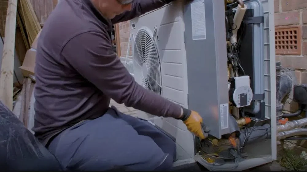 HVAC contractor performing a heat pump replacement for a residential property in Santa Monica, CA.