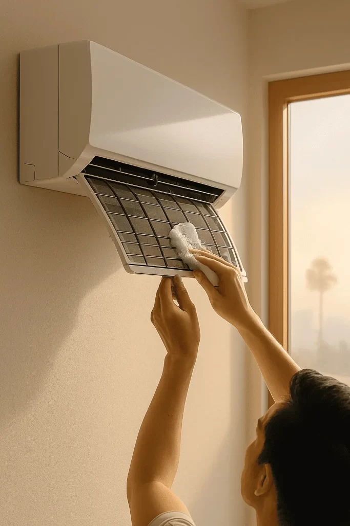 Homeowner performing mini split maintenance by cleaning the indoor filter of a ductless HVAC unit in a Los Angeles apartment, showcasing essential indoor air care.