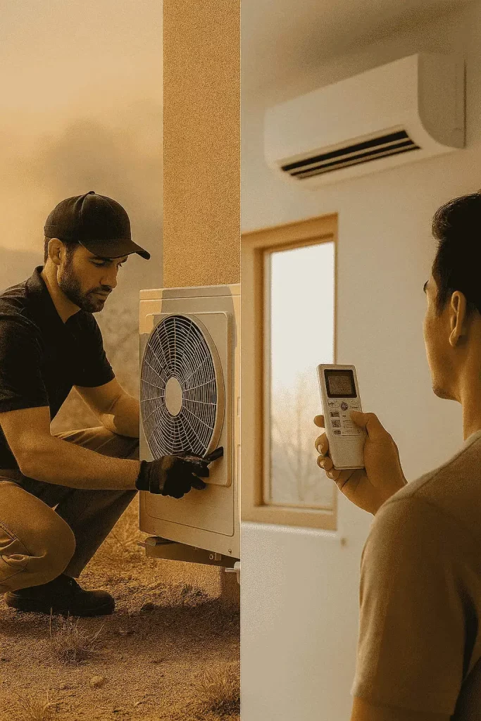 Technician inspecting the outdoor mini split unit for ductless cleaning and mini split maintenance; homeowner adjusting remote for optimal HVAC care indoors, reflecting best practices in Los Angeles County.