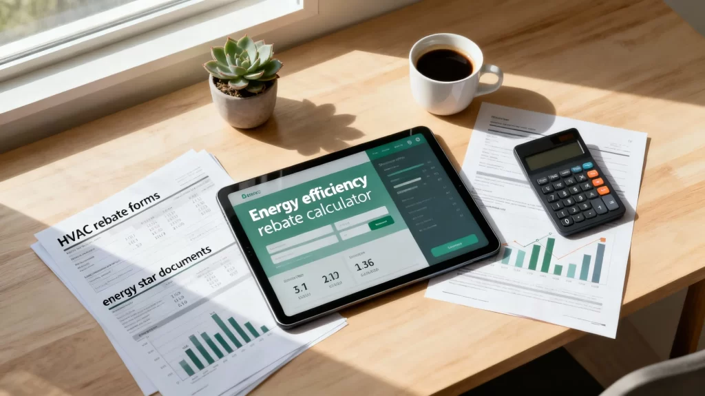 Energy efficiency rebate calculator on tablet with HVAC rebate forms, Energy Star documents, and calculator showing AC replacement cost savings in Los Angeles.