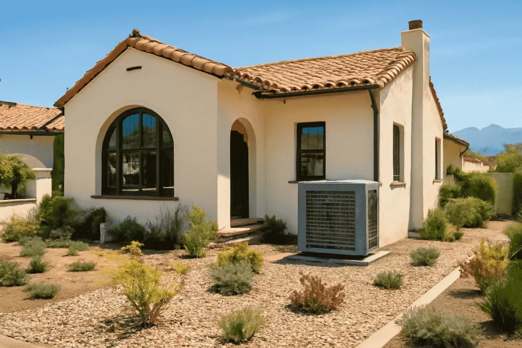 Spanish-style Los Angeles County home with modern energy-efficient AC condenser unit, drought-resistant landscaping, and San Gabriel Mountains in background.