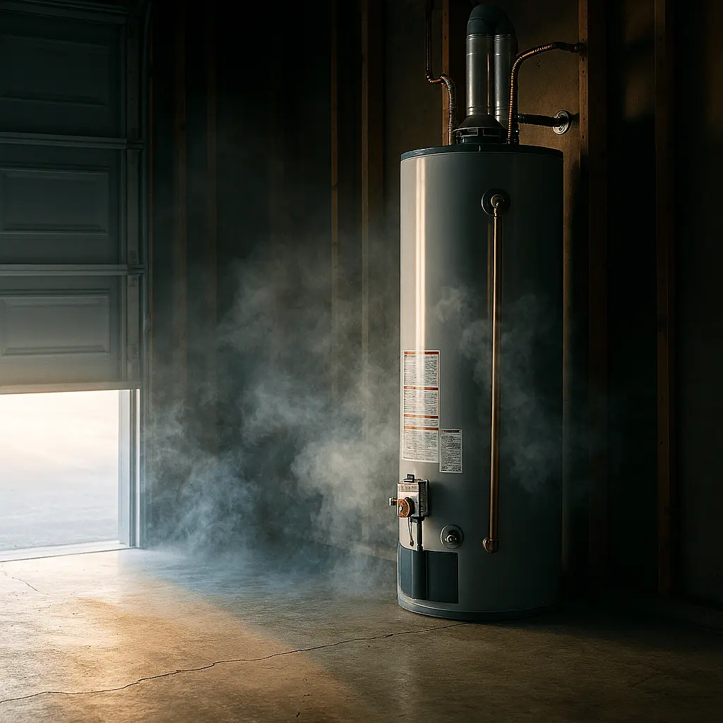 Standalone residential water heater in an uninsulated Los Angeles garage with visible cold air, symbolizing hot water issues in winter.