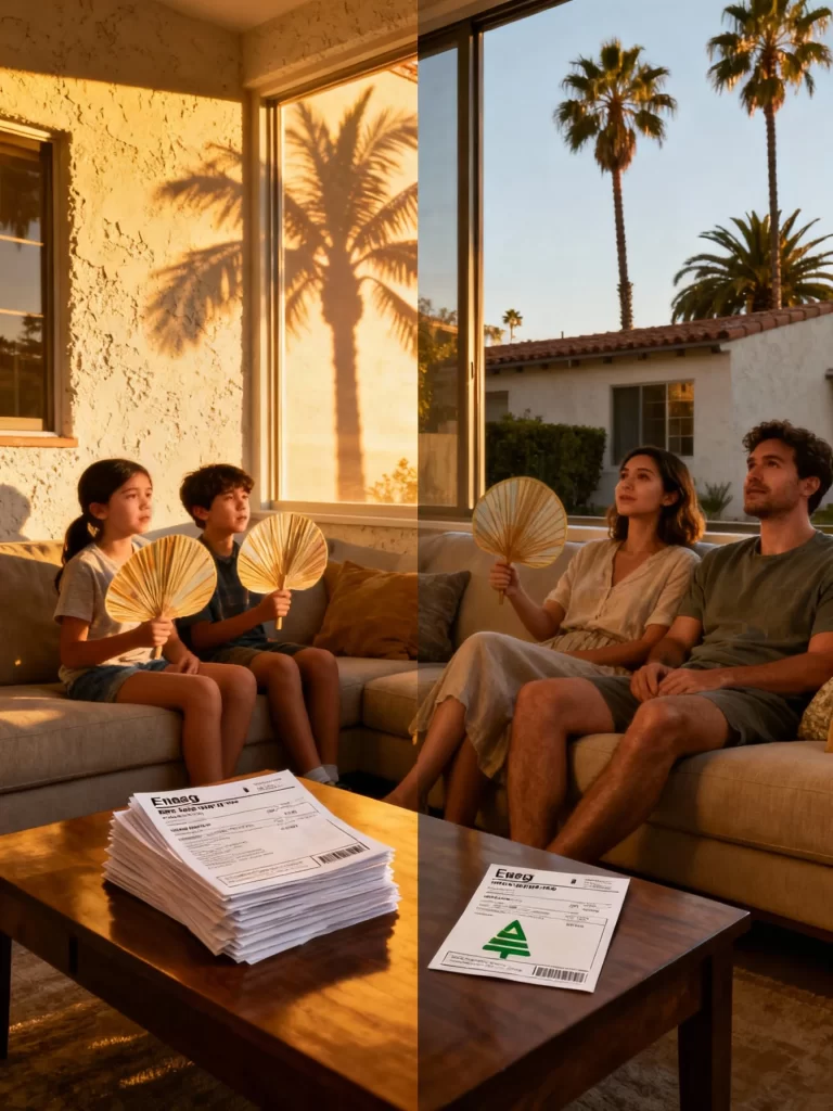 Split living room scene in a Los Angeles home showing a family uncomfortably fanning themselves beside a stack of high energy bills and, on the other side, a relaxed family with a single lower bill after home insulation replacement.