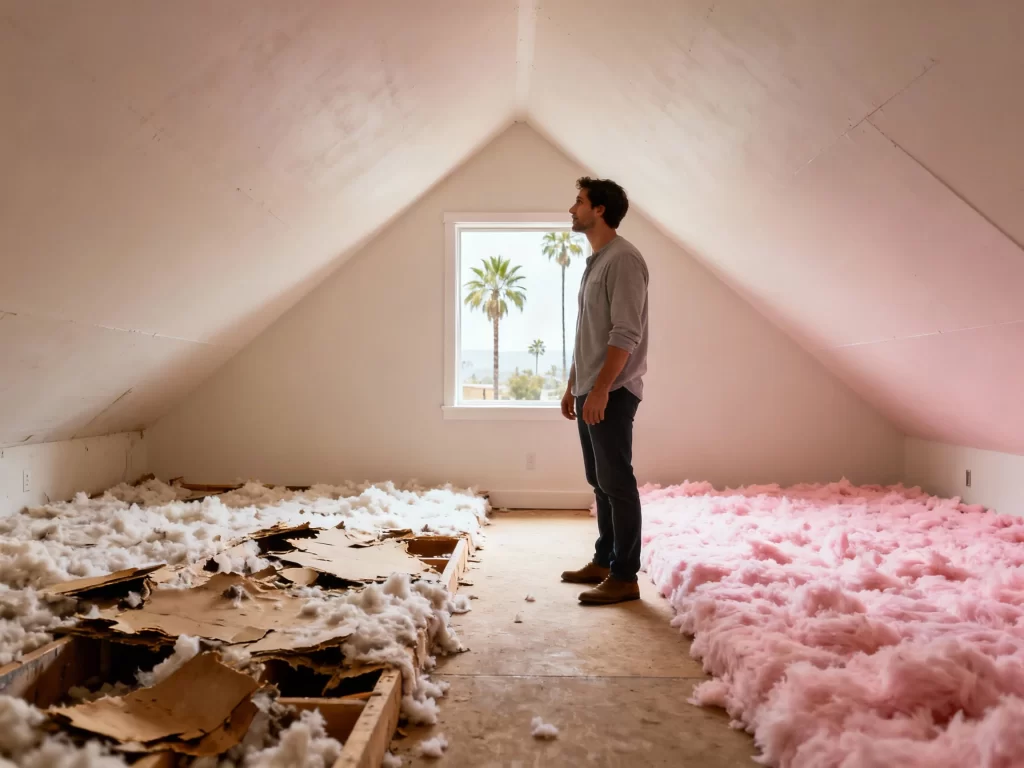 Los Angeles homeowner standing in an attic, looking at worn, deteriorated insulation on one side and fresh pink insulation on the other, illustrating insulation lifespan and the benefits of insulation replacement.