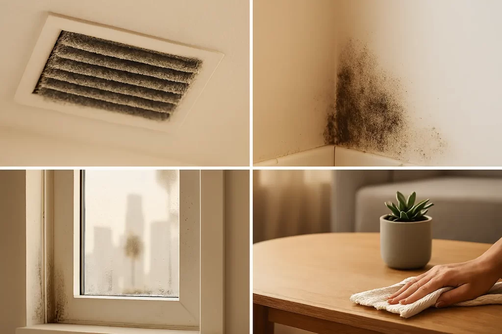 Close-up collage showing a dirty air vent, mold in a wall corner, condensation and grime on a window frame, and dust being wiped from a table inside a Los Angeles home.