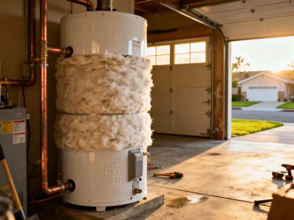 Insulated water heater tank in a Los Angeles garage with morning sunlight, showing winter water heater tips to reduce heat loss.