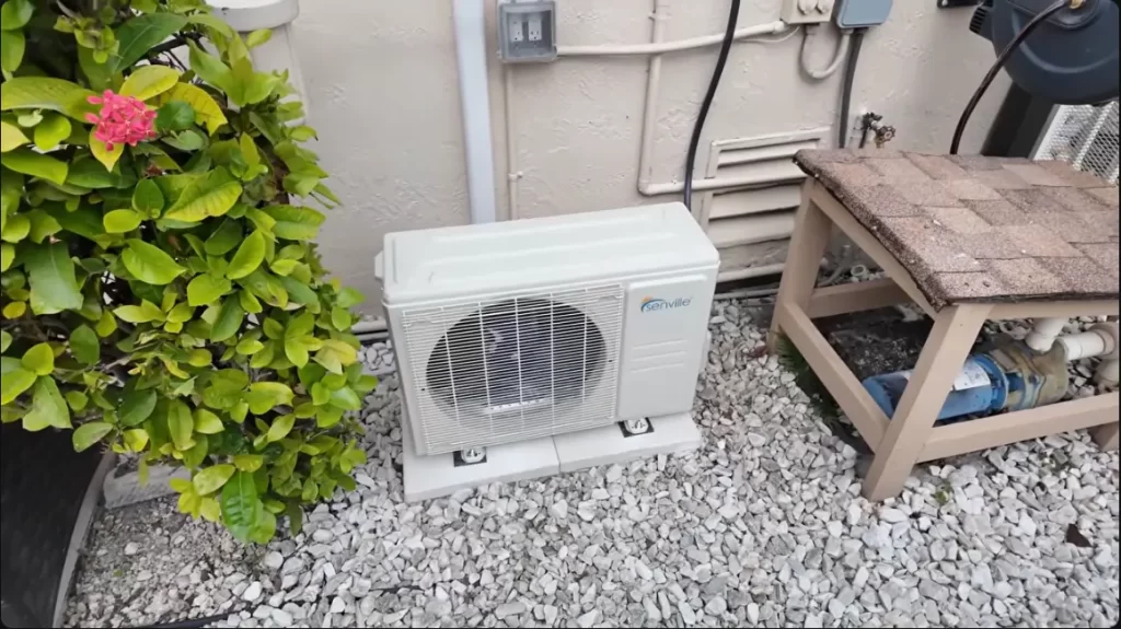 Newly installed outdoor mini split air conditioner unit on a pad outside a home in Agoura Hills, CA.