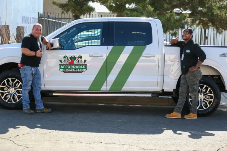 Affordable Heating and Air branded service truck parked in Los Angeles, ready for 24/7 HVAC repair and heating/cooling service calls.