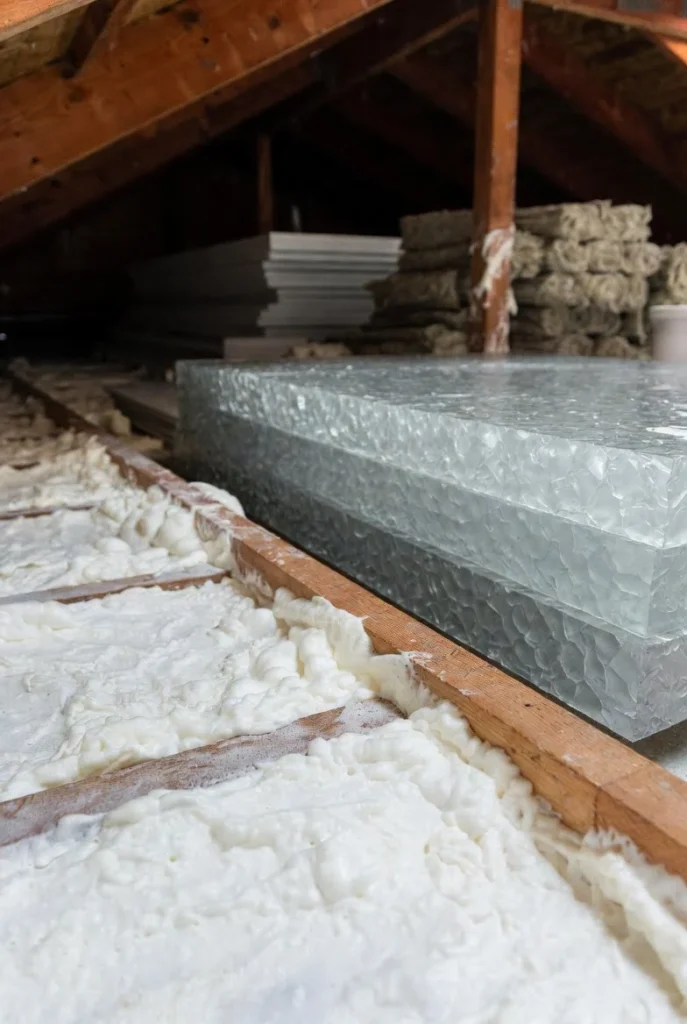 Close-up of professional installation of spray foam, aerogel panels, and mineral wool in a Southern California attic, demonstrating compliance with insulation codes.