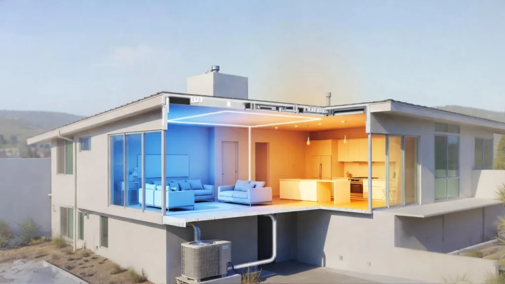 Cutaway illustration of a contemporary LA home demonstrating zoned heating and cooling with cool blue and warm orange tones, highlighting smart sensors and an efficient heat pump for automated HVAC optimization.