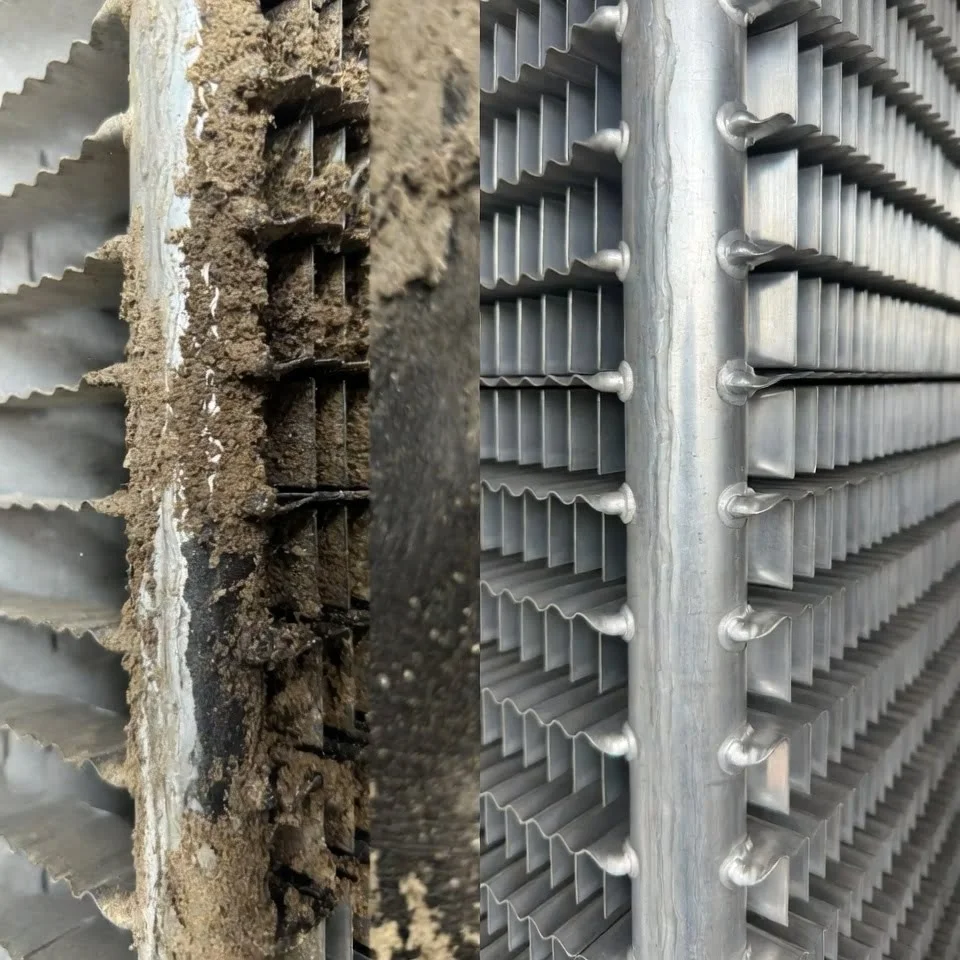 Close-up split view of an AC condenser coil showing the benefits of AC maintenance with the left side heavily soiled and dust-caked, and the right side sparkling clean with open fins