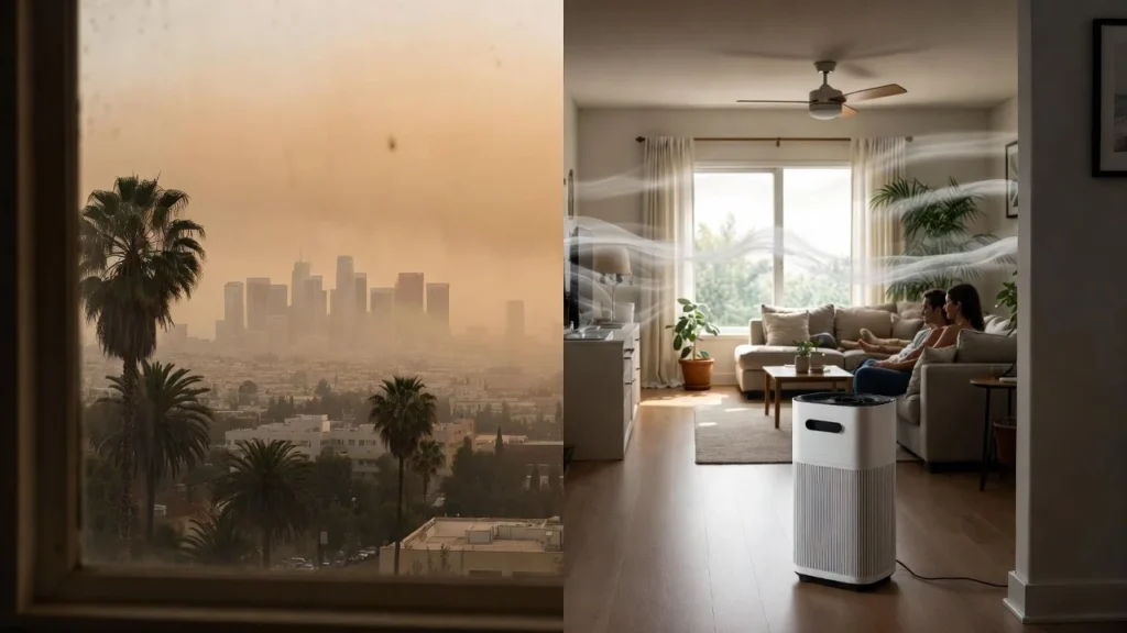 Split view showing smoggy Los Angeles skyline with wildfire haze contrasted with clean modern Southern California living room interior featuring portable air purifier protecting against allergens and pollution.