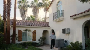 Professional HVAC technician inspecting a sleek, energy-efficient AC unit on the side of a charming Spanish-revival home in Los Angeles, surrounded by tall palm trees under soft spring afternoon light.