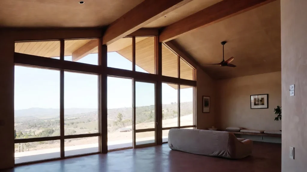 Spacious modern living room in a Los Angeles home with large windows overlooking inland views, highlighting even lighting and ambiance from advanced insulation tech.