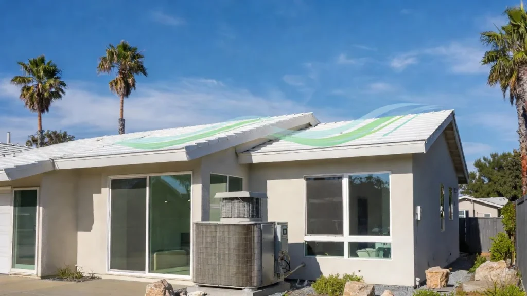 Sleek modern suburban home in Los Angeles under blue skies with palm trees, featuring a new outdoor heat pump unit and solar panels, illustrating compliance with 2026 California HVAC regulations.