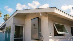Exterior view of a bungalow-style home in Los Angeles County, CA, showcasing a sleek outdoor smart home heat pump unit connected to an indoor smart thermostat, under sunny skies with palm trees.
