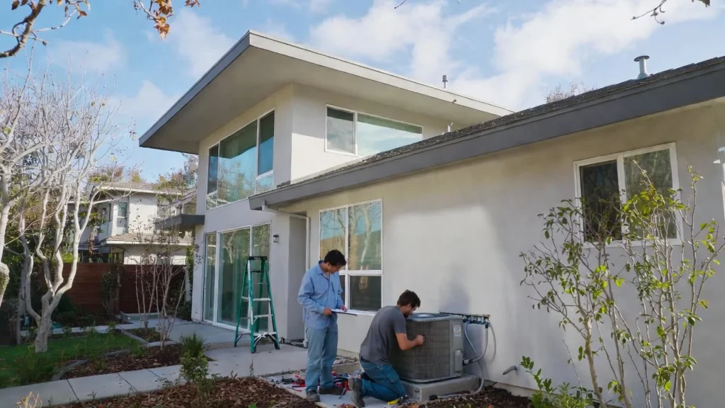 Team of HVAC professionals conducting careful AC installation on a contemporary Los Angeles home's outdoor unit during mild weather, with tools and ladder showing organized preparation.