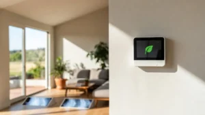 Interior of a modern California living room with wall-mounted smart thermostat, natural sunlight through windows, potted plants, and visible air circulation, representing improved indoor air quality under new HVAC regulations.