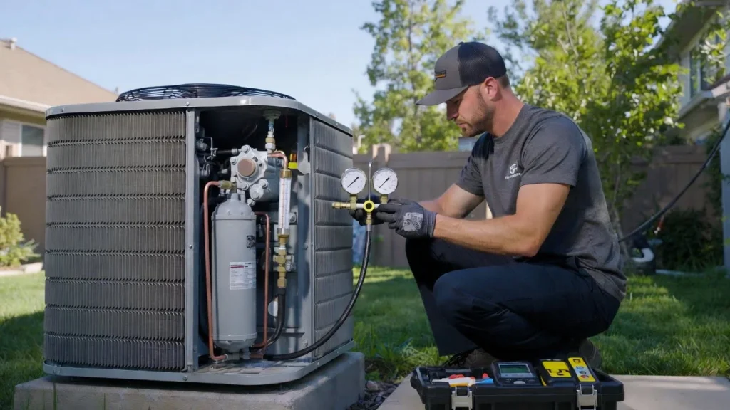 Professional HVAC technician conducting an AC tune-up on an outdoor condenser unit using manifold gauges in a sunny suburban backyard in Los Angeles County, CA.