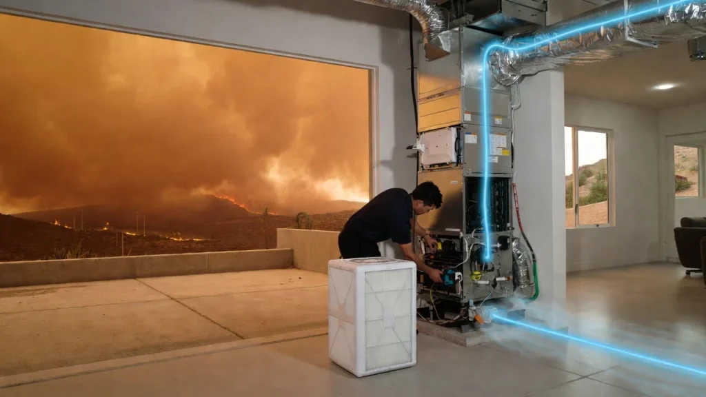 Professional technician installing an ozone-free air scrubber into a Whole-home HEPA system in a Southern California garage, with blue airflow lines showing clean circulation amid distant Los Angeles wildfire haze.