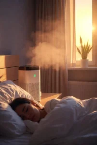 HEPA air purifier operating quietly in Southern California bedroom at night reducing allergens for better sleep.
